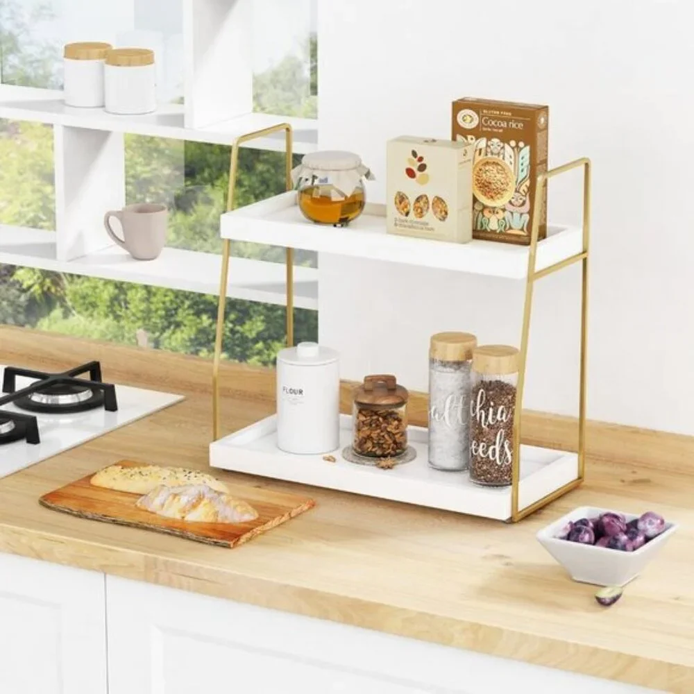 2-Tier Bathroom Organizer, White & Gold Wooden Sink Shelf for Vanity & Storage
